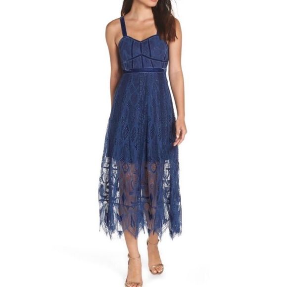 Foxiedox Blue Maisie Lace Velvet Trim Midi Dress Sheer Overlay Sleeveless size 2 - Picture 1 of 14